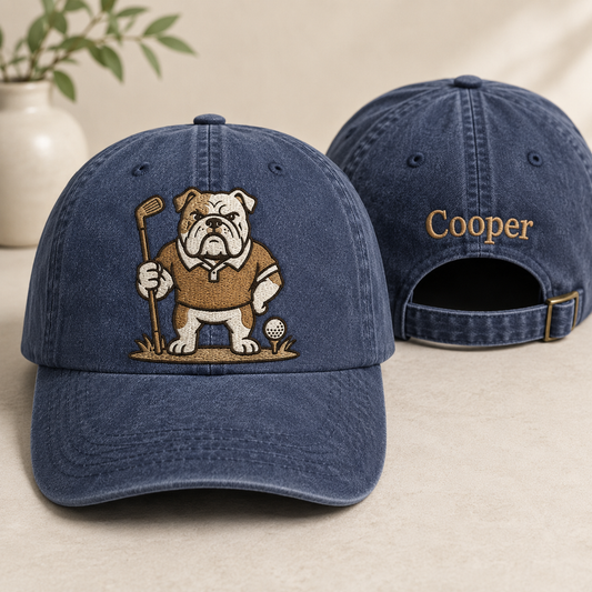 Bulldog Golfer Embroidered Washed Cap - Washed Cap - front view