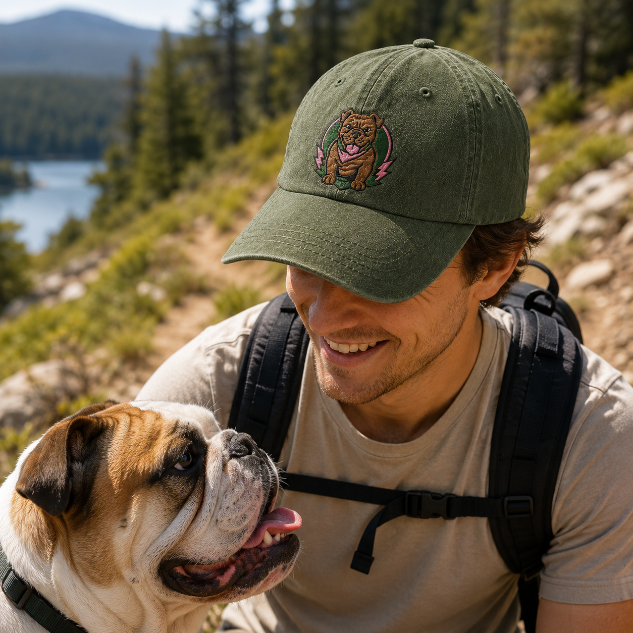 Bulldog Mom Embroidered Washed Cap - Washed Cap - detail
