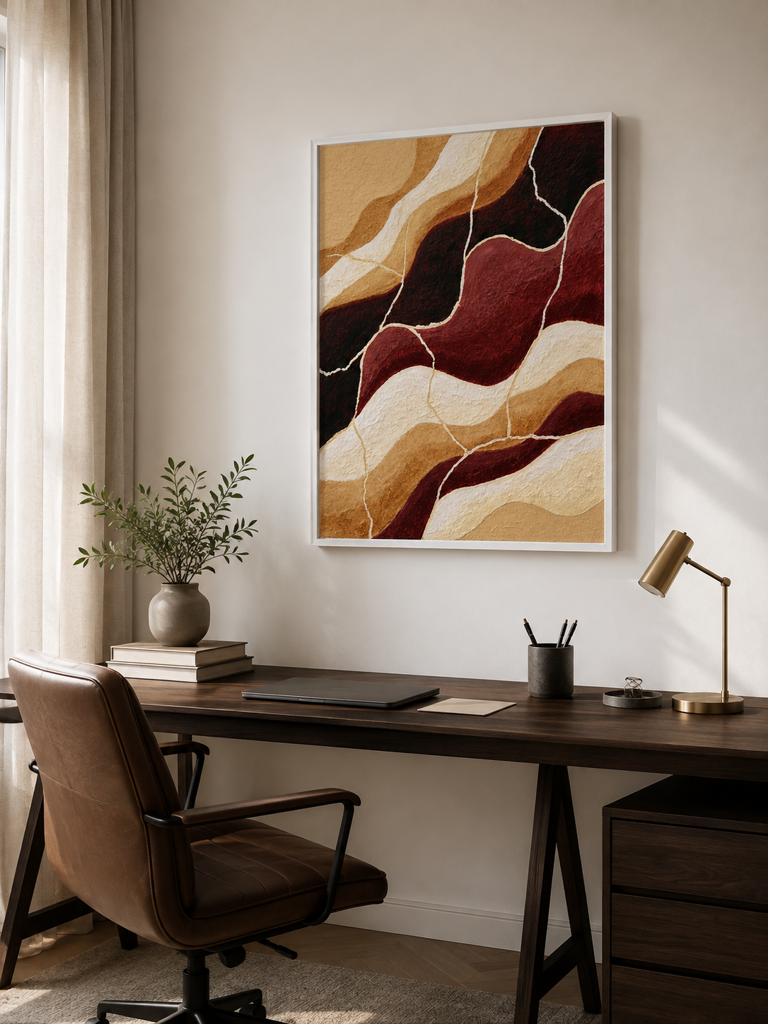 Bordeaux Beige Abstracte Wandkunst - Wall Art Decor - close-up - burgundy abstract wall art, burgundy wall decor