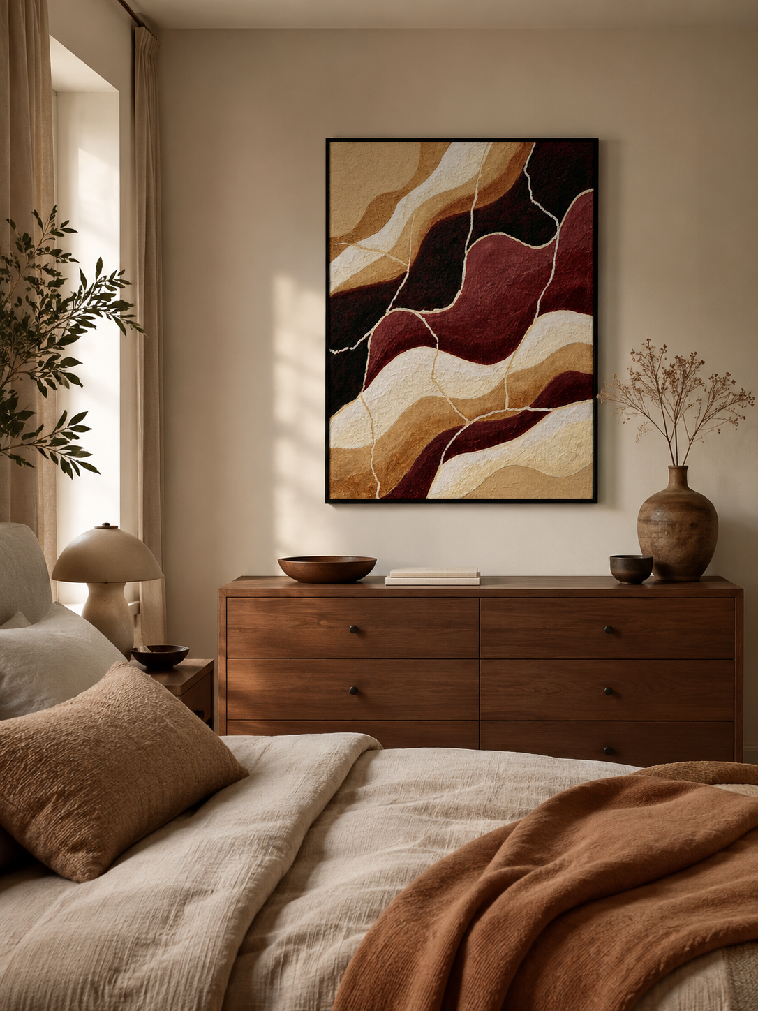 Bordeaux Beige Abstracte Wandkunst - Wall Art Decor - lifestyle shot - burgundy abstract wall art, burgundy wall decor