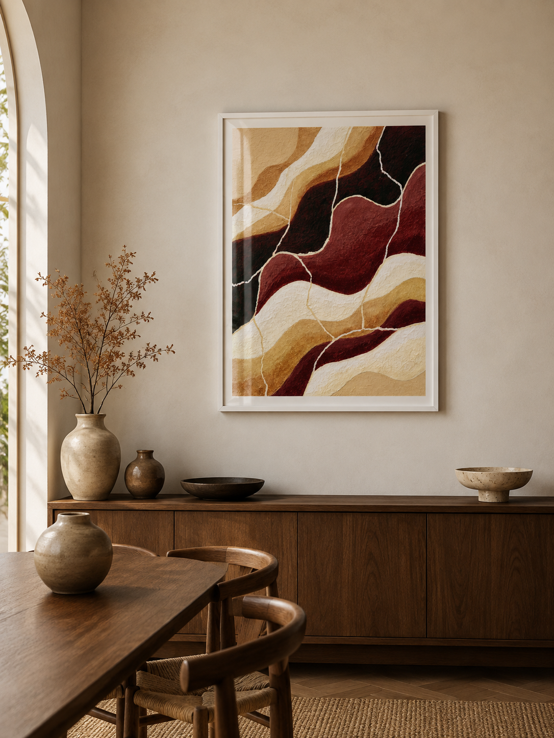 Bordeaux Beige Abstracte Wandkunst - Wall Art Decor - close-up - burgundy abstract wall art, burgundy wall decor