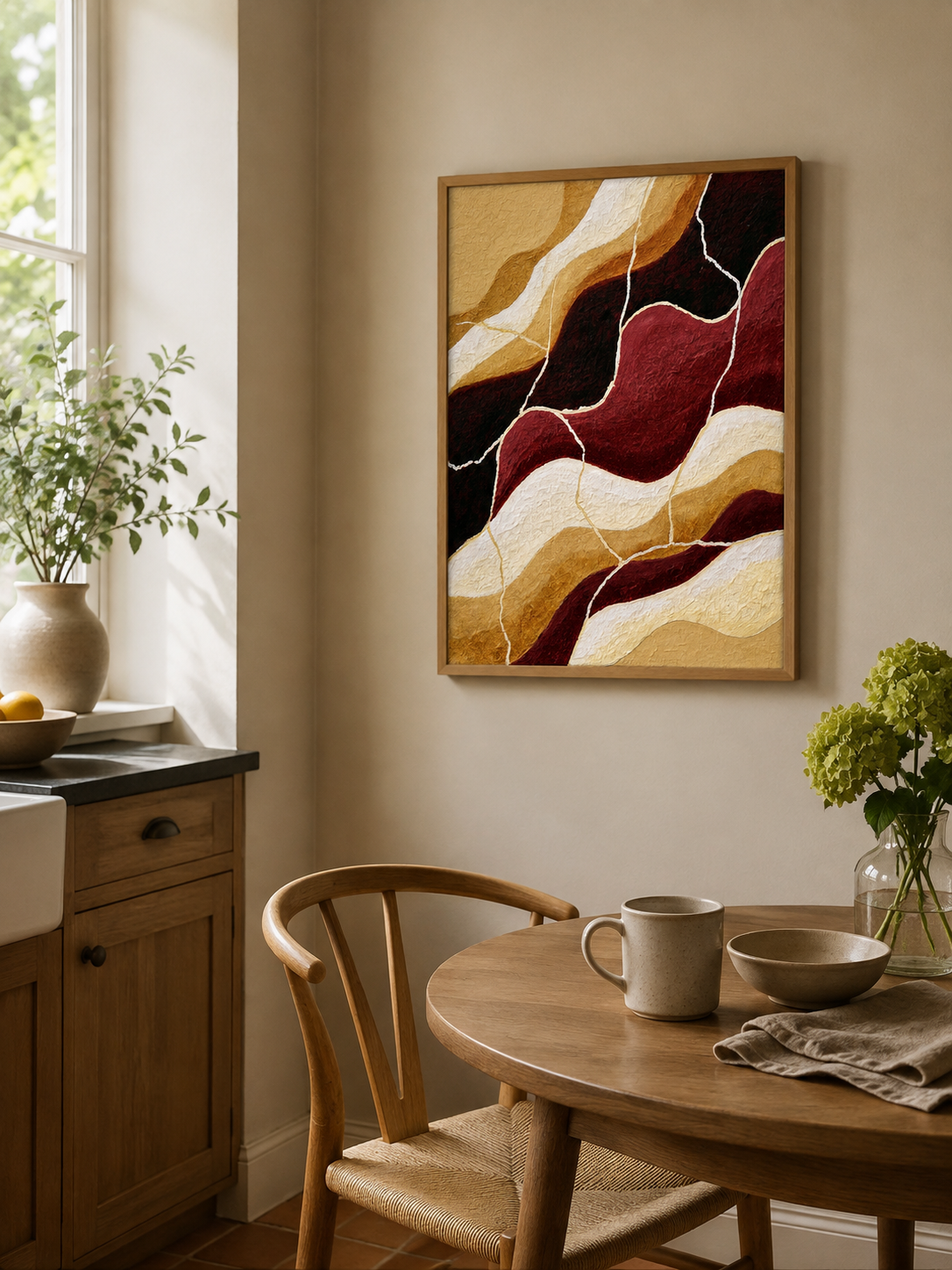 Bordeaux Beige Abstracte Wandkunst - Wall Art Decor - alternate angle - burgundy abstract wall art, burgundy wall decor