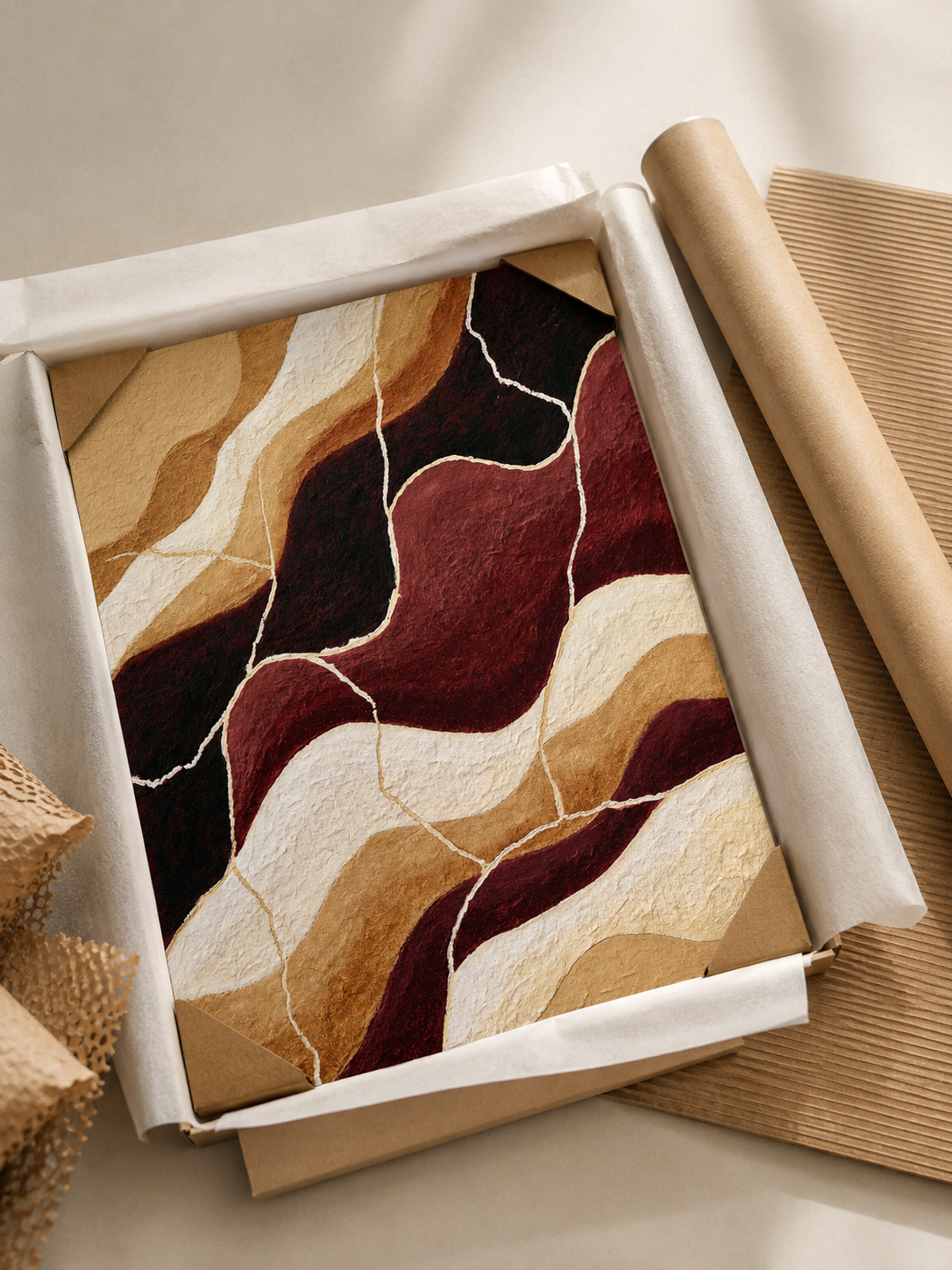 Bordeaux Beige Abstracte Wandkunst - Wall Art Decor - lifestyle shot - burgundy abstract wall art, burgundy wall decor