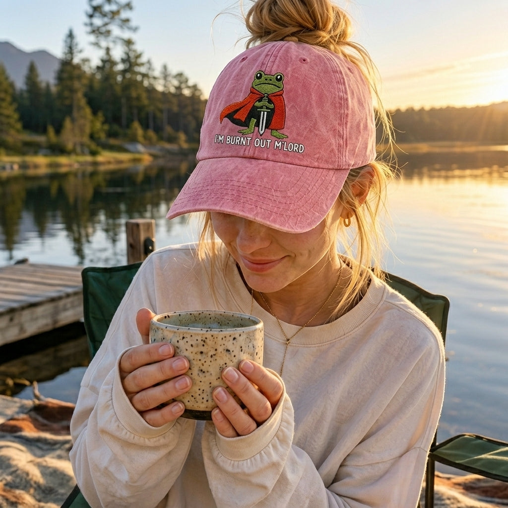 Person wearing a pink cap with a frog graphic and text, holding a mug by a lake at sunset.