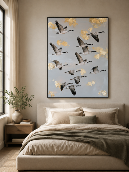 Bernaches du Canada en Tableau - Wall Art Decor - detail view - canada geese wall art, flying geese art print