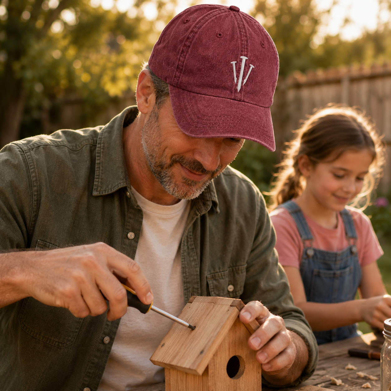 washed cotton cap featuring white embroidered carpenter three nails design