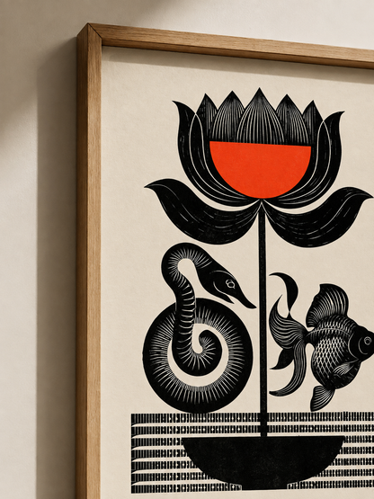 Carved Flower Wall Art - Wall Art Decor - close-up - black red wall art, woodblock style poster