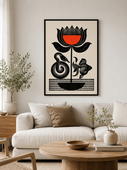 Carved Flower Wall Art - Wall Art Decor - detail view - black red wall art, woodblock style poster