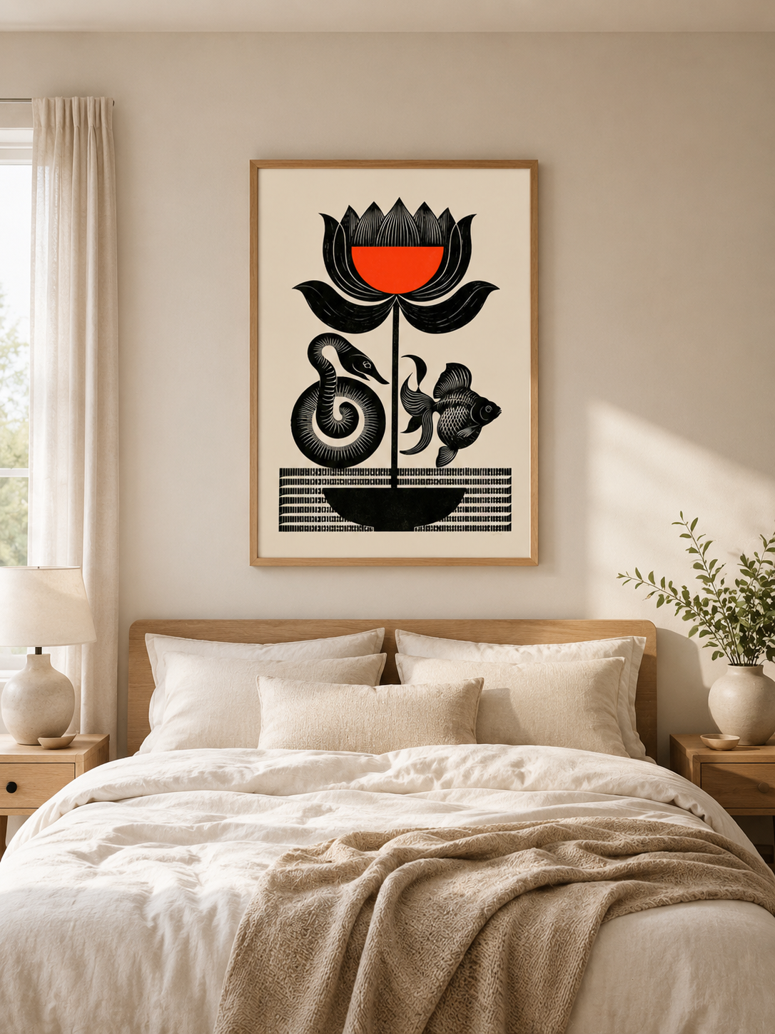 Carved Flower Wall Art - Wall Art Decor - lifestyle shot - black red wall art, woodblock style poster