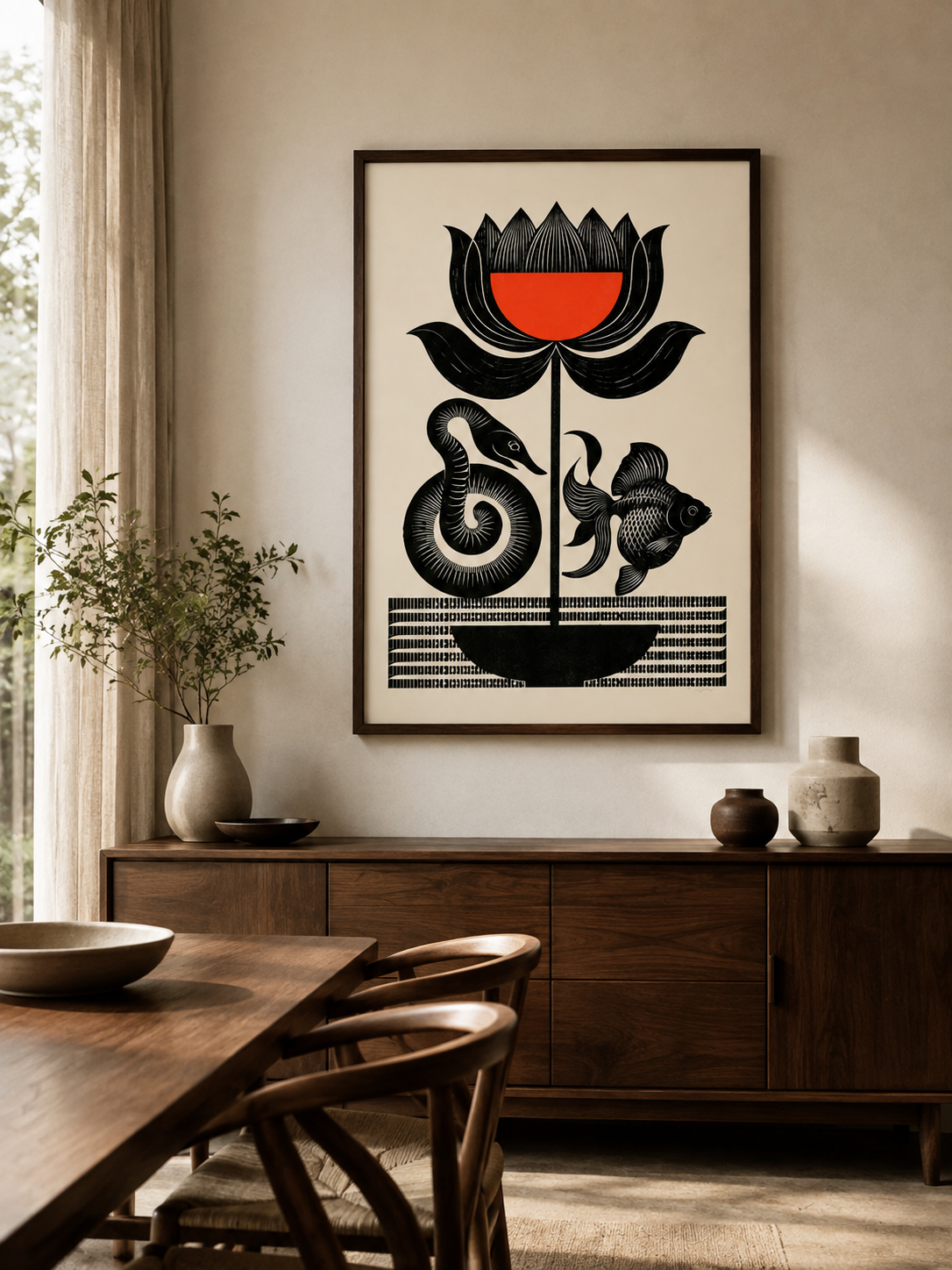 Carved Flower Wall Art - Wall Art Decor - close-up - black red wall art, woodblock style poster