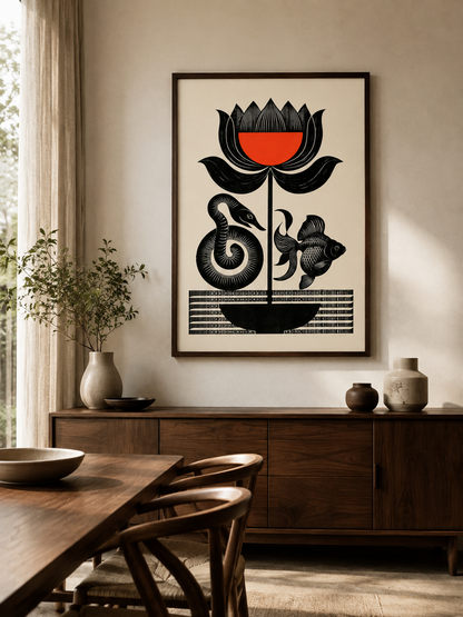 Carved Flower Wall Art - Wall Art Decor - close-up - black red wall art, woodblock style poster