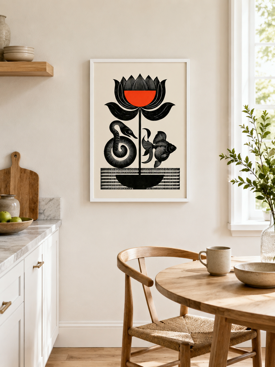 Carved Flower Wall Art - Wall Art Decor - alternate angle - black red wall art, woodblock style poster