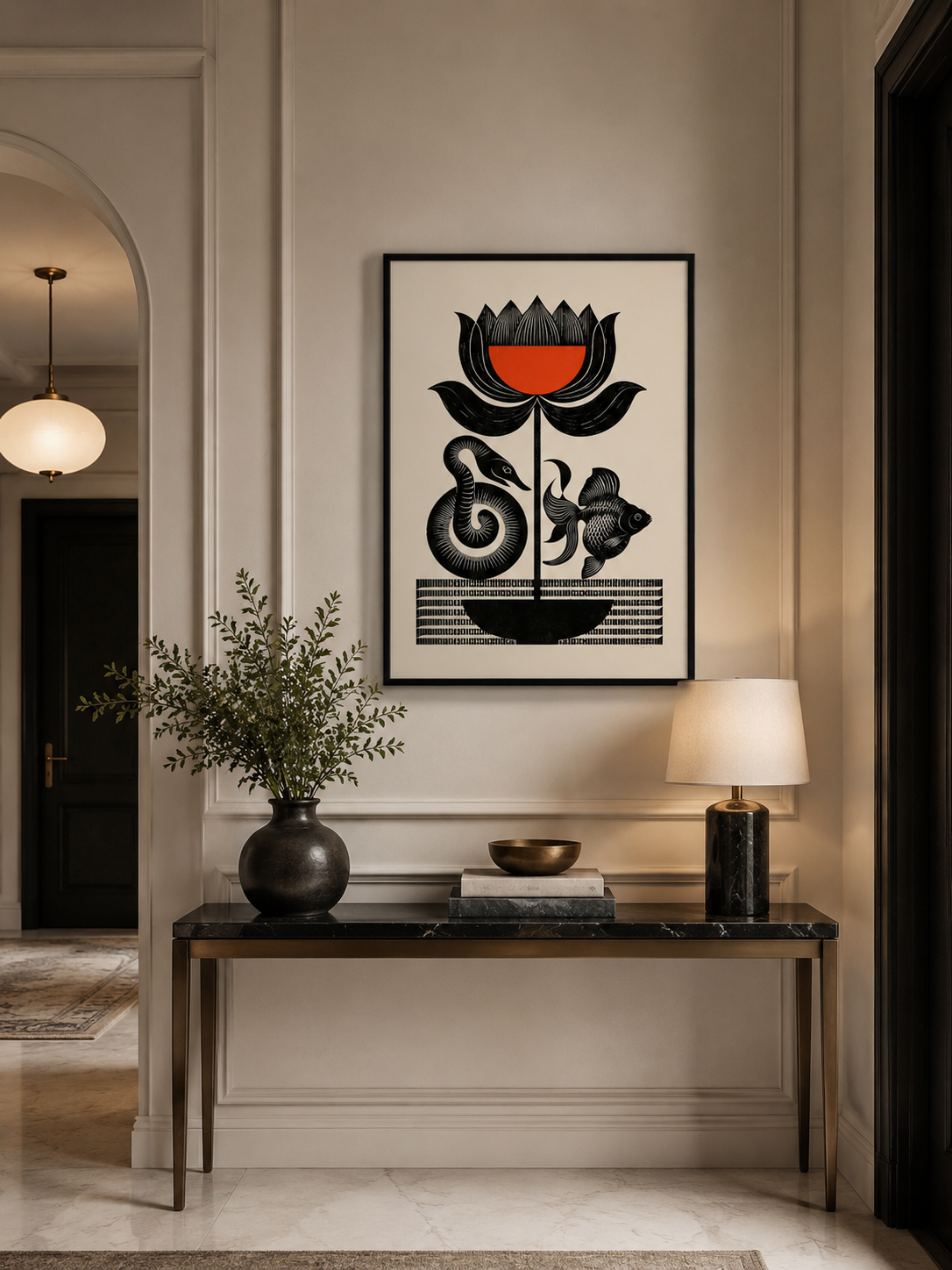 Carved Flower Wall Art - Wall Art Decor - packaging - black red wall art, woodblock style poster