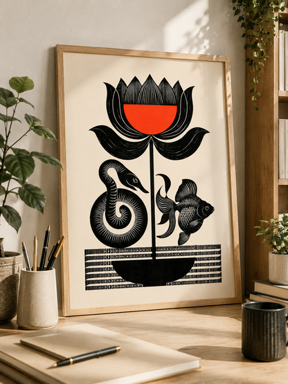 Carved Flower Wall Art - Wall Art Decor - front view - black red wall art, woodblock style poster