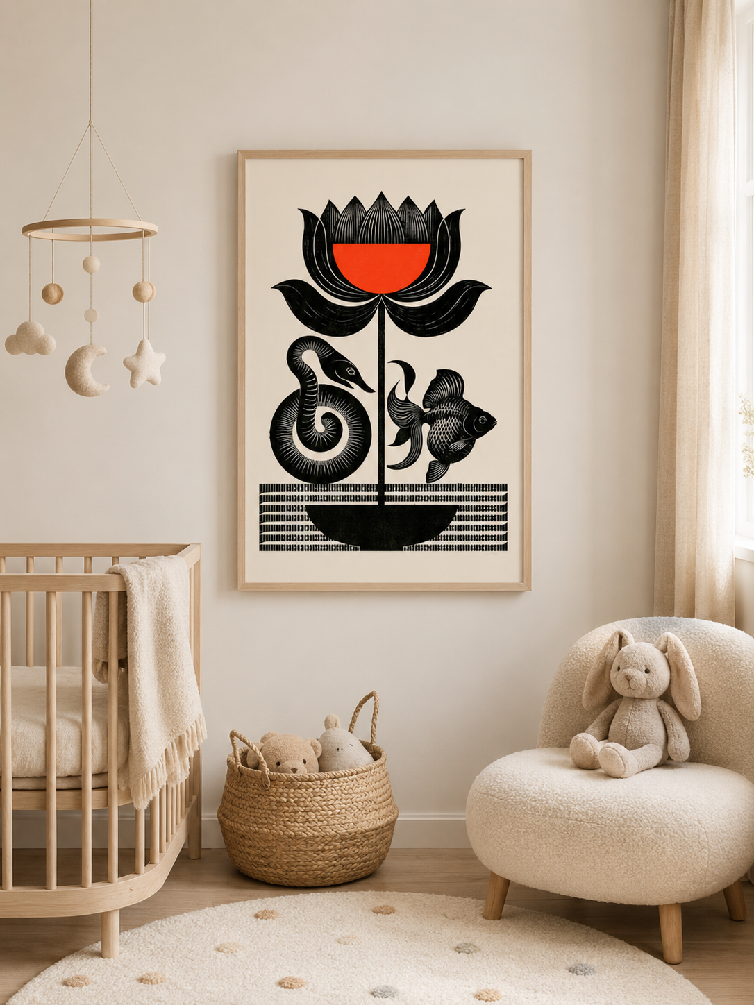 Carved Flower Wall Art - Wall Art Decor - detail view - black red wall art, woodblock style poster
