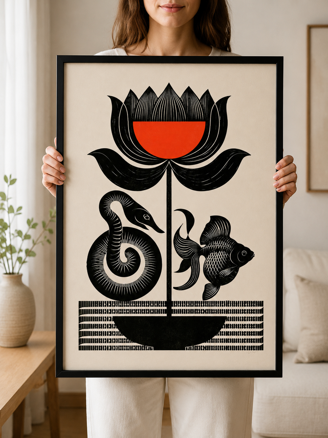 Carved Flower Wall Art - Wall Art Decor - lifestyle shot - black red wall art, woodblock style poster