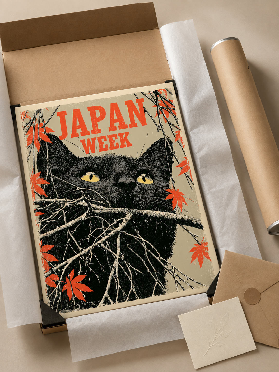 Cat Among the Branches Poster - Wall Art Decor - close-up - japanese black cat poster, black cat wall art