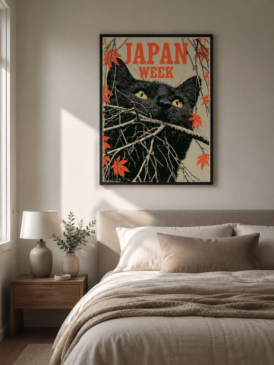 Cat Among the Branches Poster - Wall Art Decor - lifestyle shot - japanese black cat poster, black cat wall art