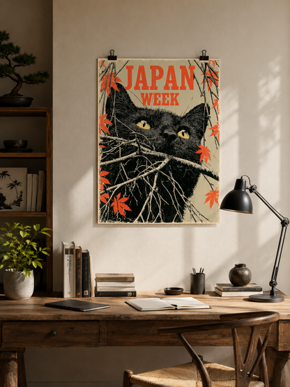 Cat Among the Branches Poster - Wall Art Decor - alternate angle - japanese black cat poster, black cat wall art