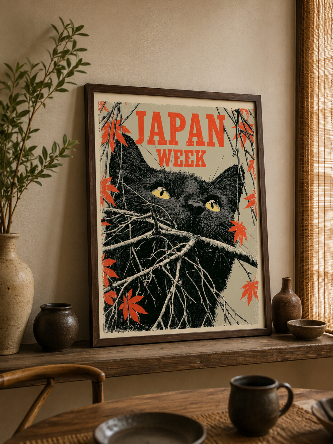 Cat Among the Branches Poster - Wall Art Decor - packaging - japanese black cat poster, black cat wall art