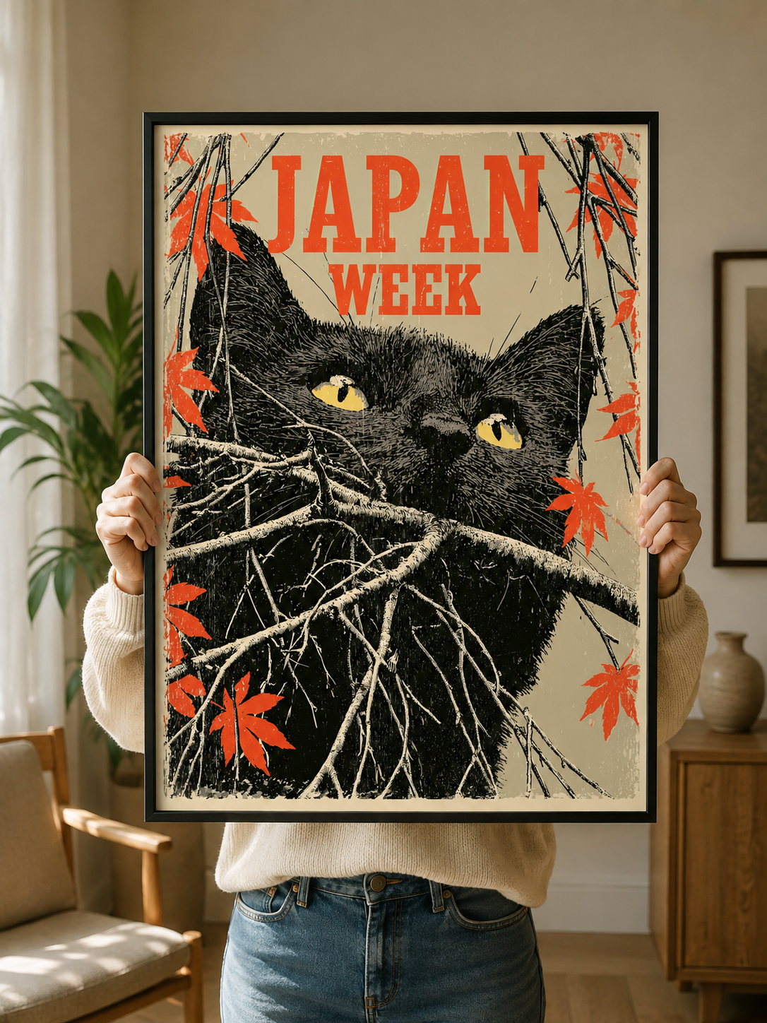 Cat Among the Branches Poster - Wall Art Decor - front view - japanese black cat poster, black cat wall art