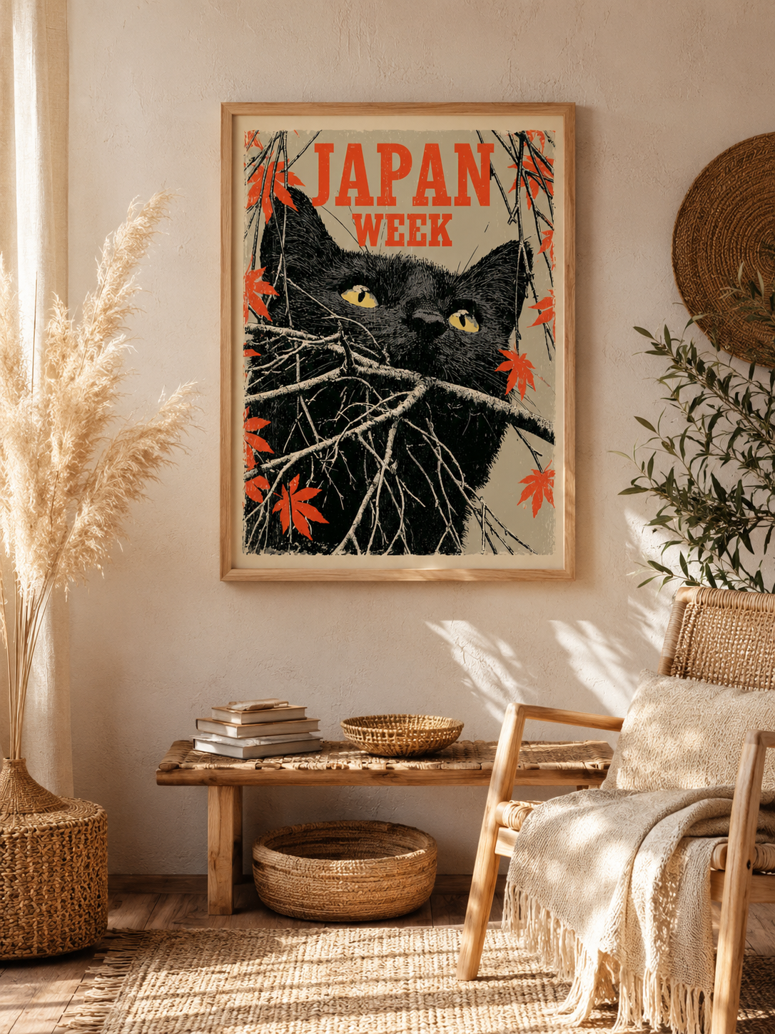 Cat Among the Branches Poster - Wall Art Decor - detail view - japanese black cat poster, black cat wall art