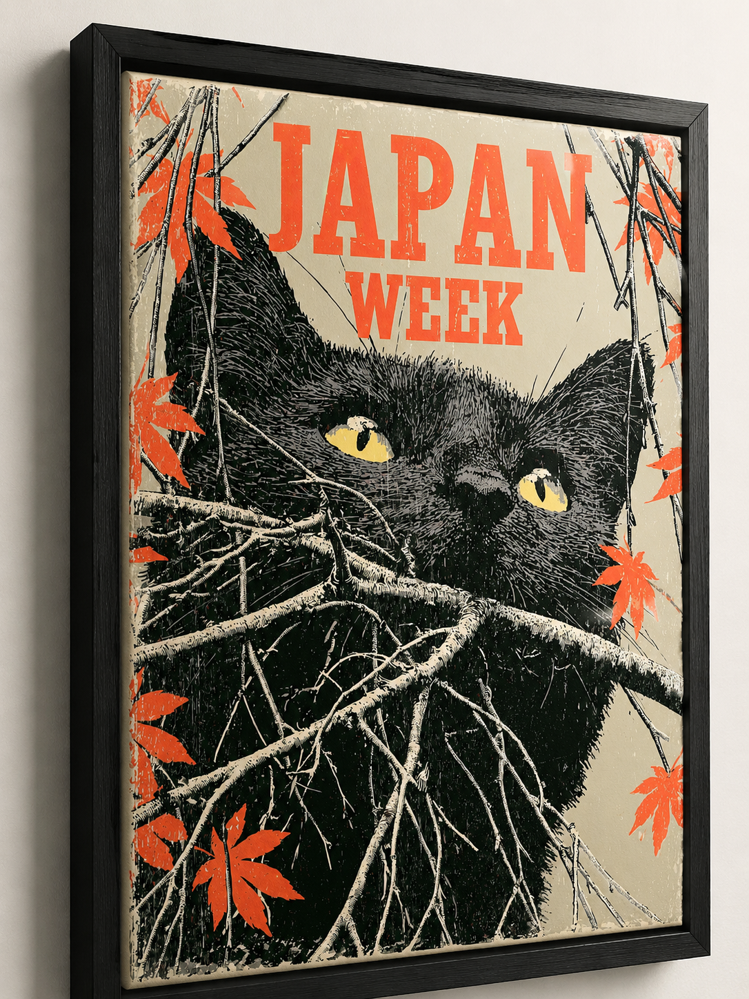 Cat Among the Branches Poster - Wall Art Decor - lifestyle shot - japanese black cat poster, black cat wall art