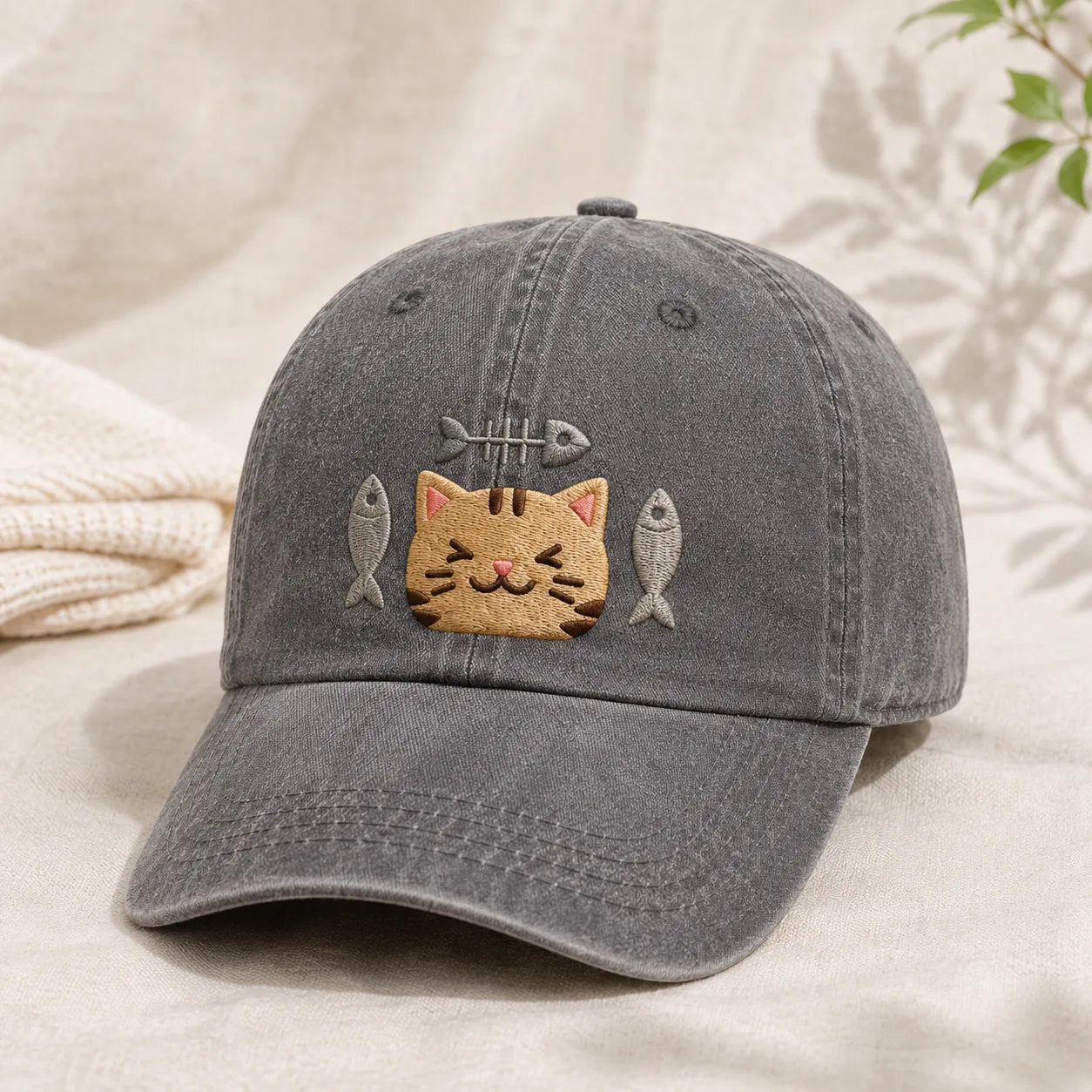Cat and Fish Embroidered Washed Cap - washed cap - alternate angle