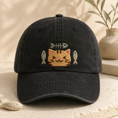 Cat and Fish Embroidered Washed Cap - washed cap - detail