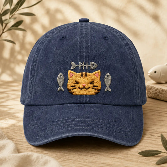 Cat and Fish Embroidered Washed Cap - washed cap - front view