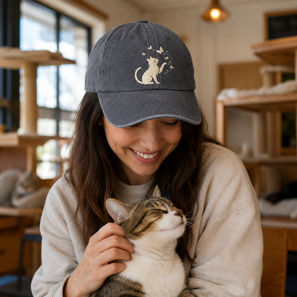 Cat Butterfly Embroidered Washed Cap - Washed Cap - detail