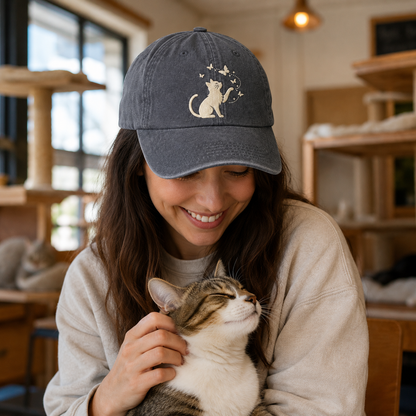 Cat Butterfly Embroidered Washed Cap - Washed Cap - detail