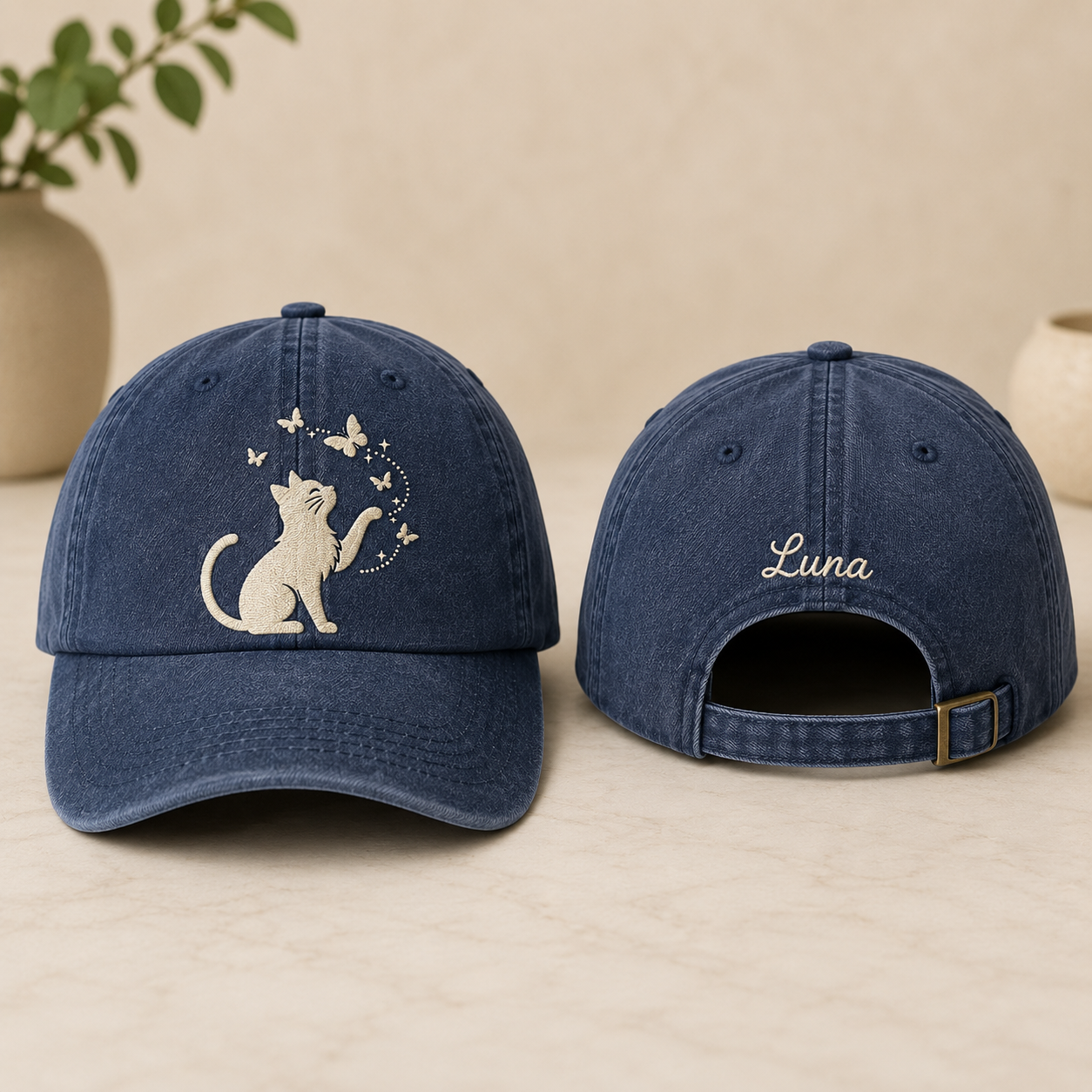 Cat Butterfly Embroidered Washed Cap - Washed Cap - front view