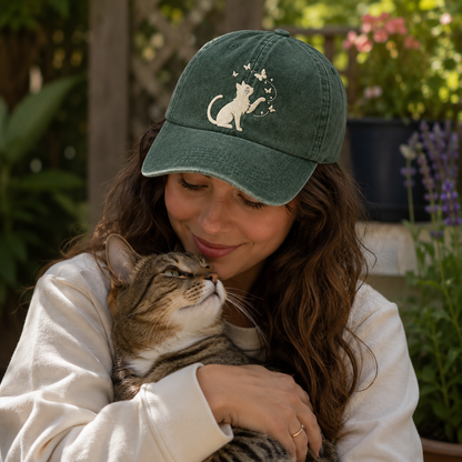 Cat Butterfly Embroidered Washed Cap - Washed Cap - lifestyle