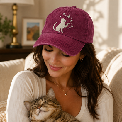 Cat Butterfly Embroidered Washed Cap - Washed Cap - side view