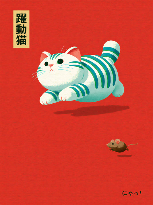Cat Chasing Mouse Poster - Wall Art Decor - front view - canvas print, framed wall art