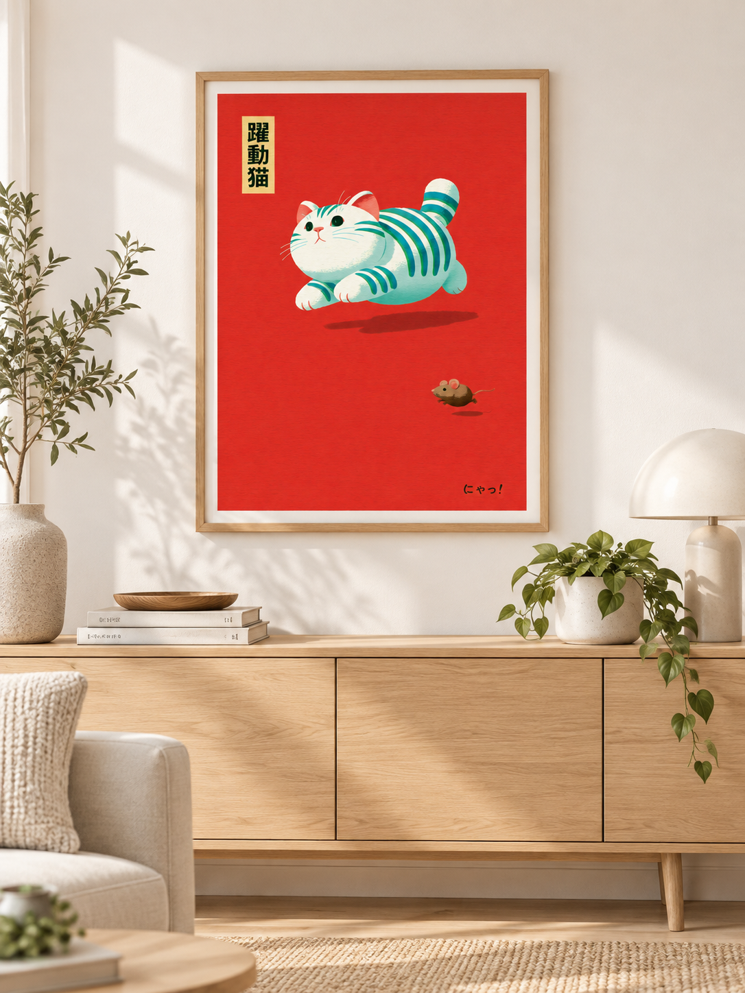 Cat Chasing Mouse Poster - Wall Art Decor - detail view - canvas print, framed wall art
