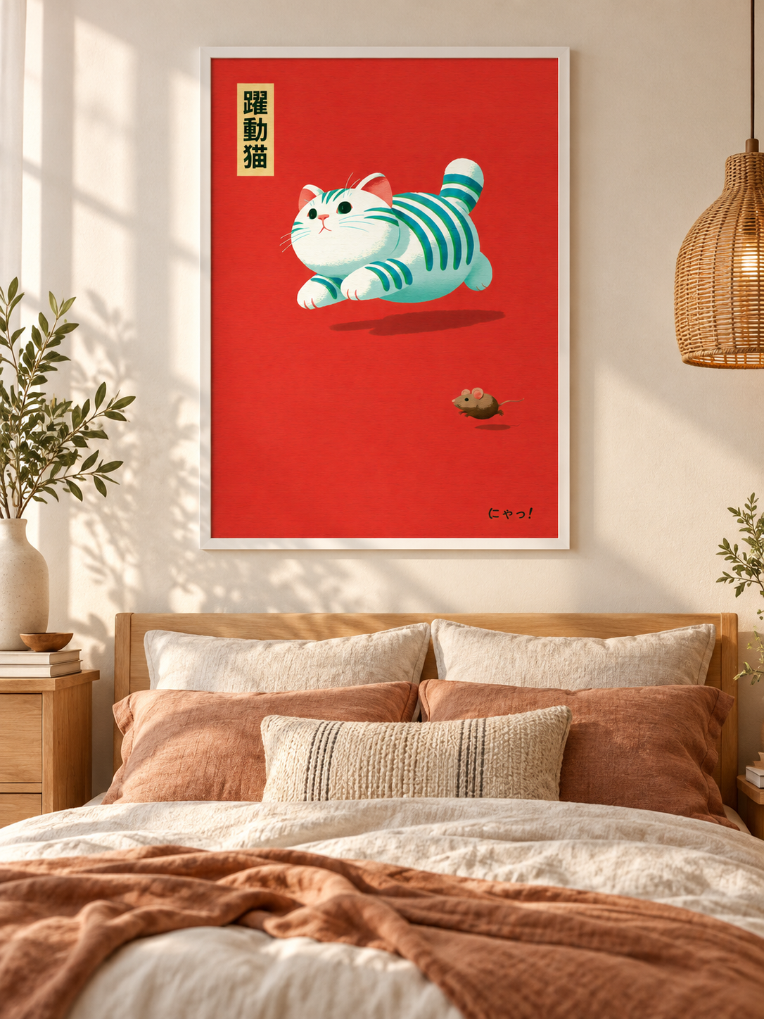 Cat Chasing Mouse Poster - Wall Art Decor - lifestyle shot - canvas print, framed wall art