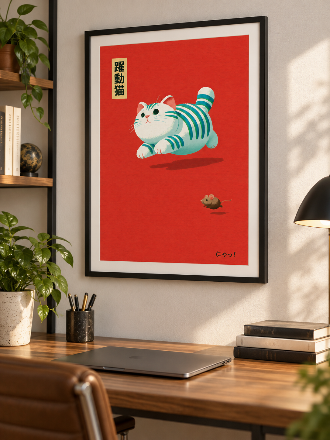 Cat Chasing Mouse Poster - Wall Art Decor - close-up - canvas print, framed wall art