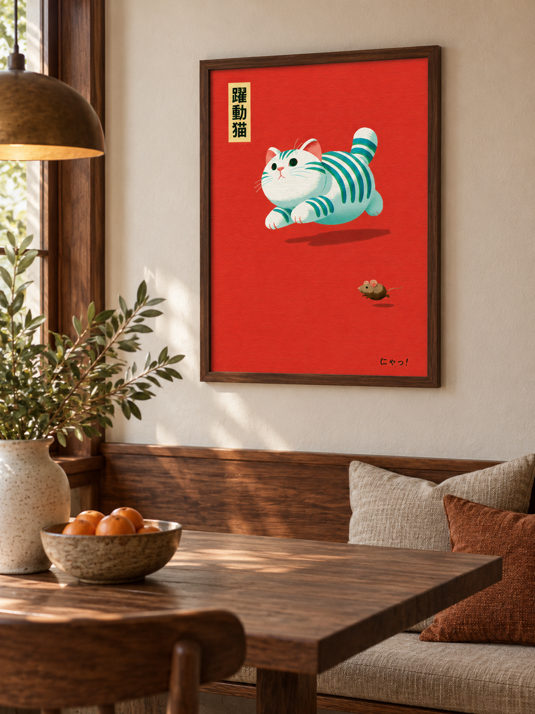 Cat Chasing Mouse Poster - Wall Art Decor - alternate angle - canvas print, framed wall art