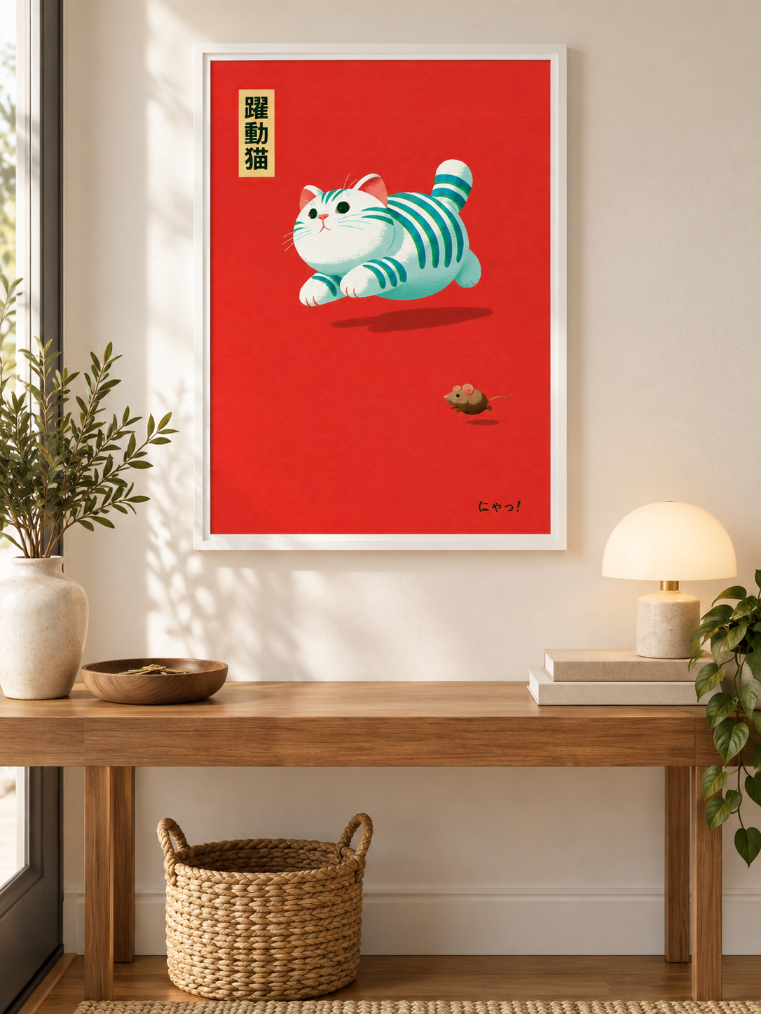 Cat Chasing Mouse Poster - Wall Art Decor - front view - canvas print, framed wall art