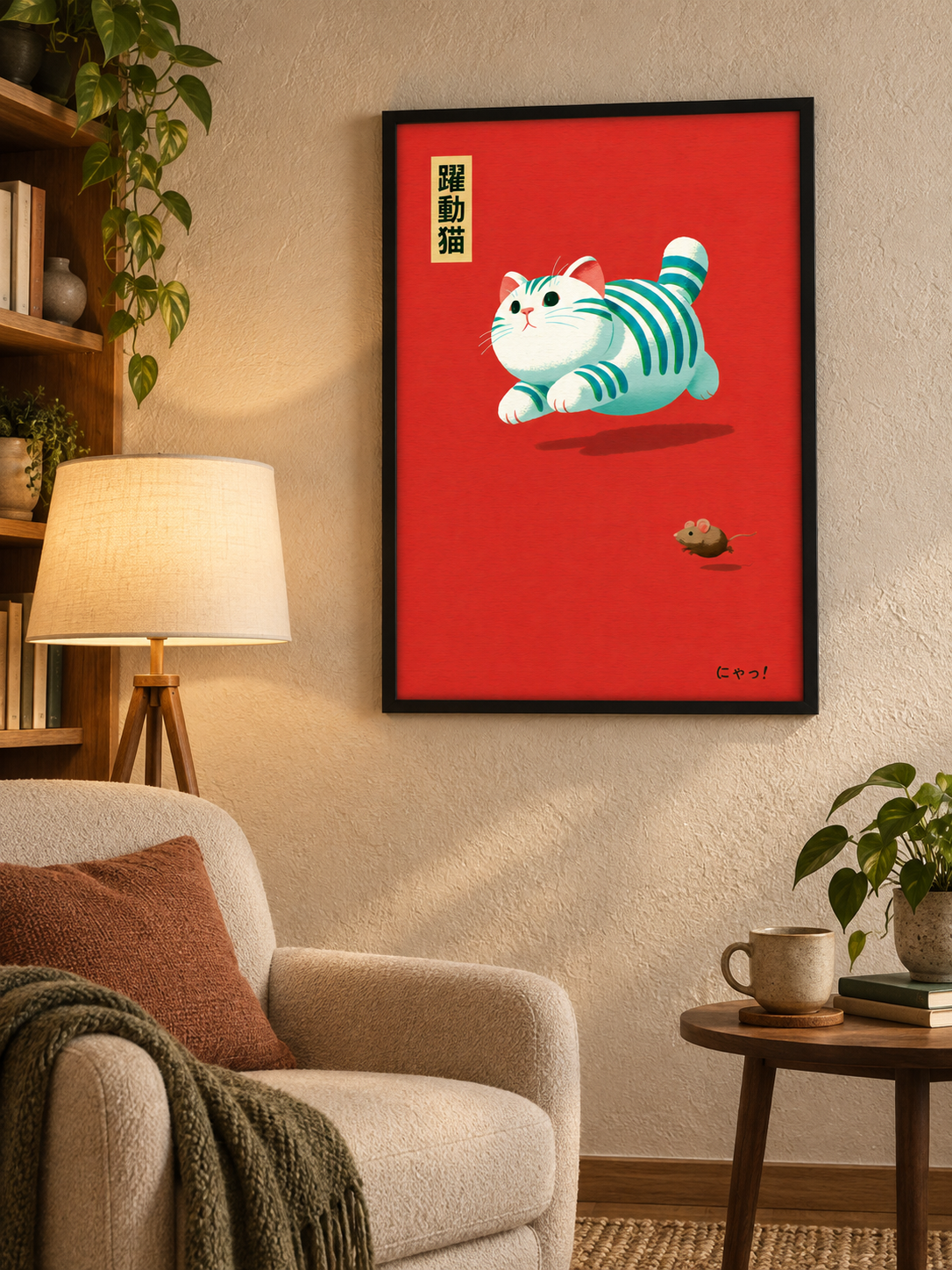 Cat Chasing Mouse Poster - Wall Art Decor - detail view - canvas print, framed wall art