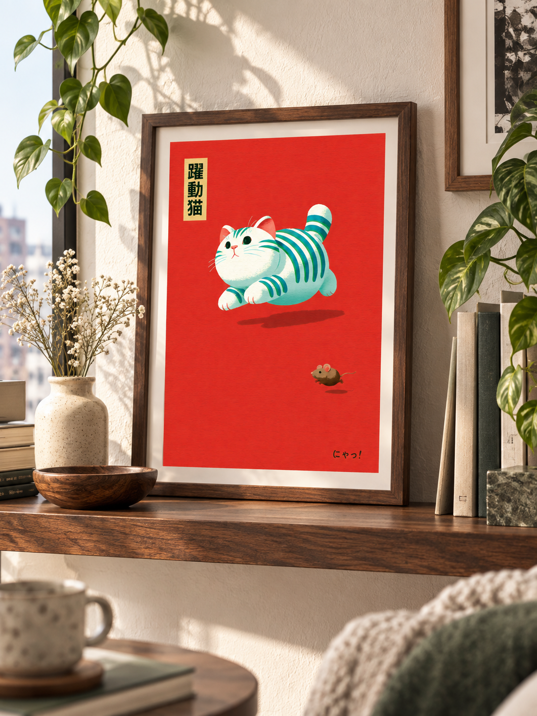Cat Chasing Mouse Poster - Wall Art Decor - lifestyle shot - canvas print, framed wall art