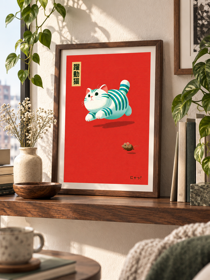 Cat Chasing Mouse Poster - Wall Art Decor - lifestyle shot - canvas print, framed wall art