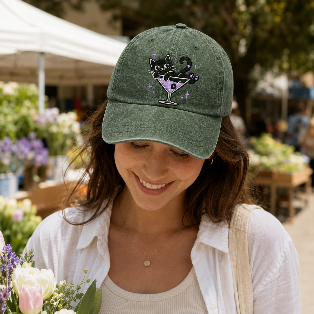 Cat Cocktail Embroidered Washed Cap - Washed Cap - alternate angle