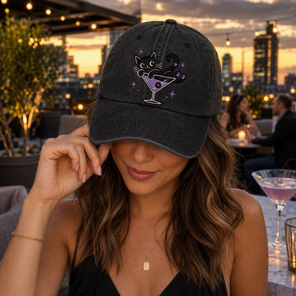Cat Cocktail Embroidered Washed Cap - Washed Cap - detail