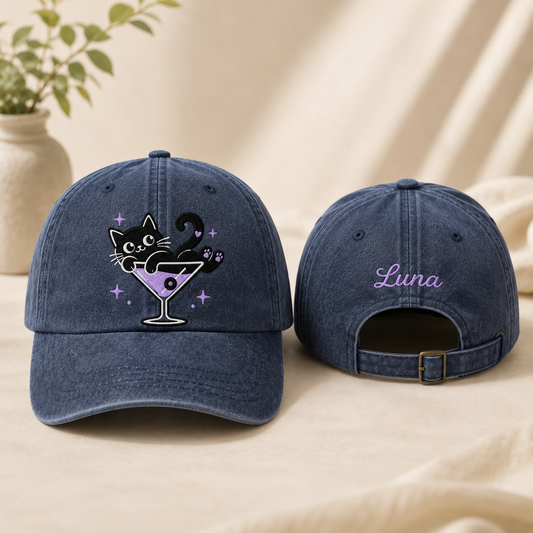 Cat Cocktail Embroidered Washed Cap - Washed Cap - front view