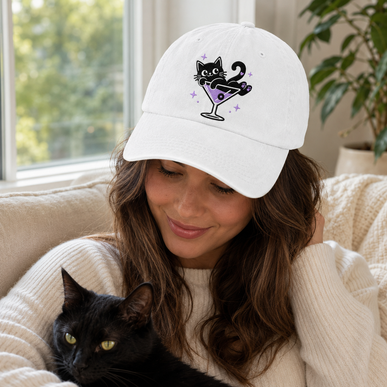 Cat Cocktail Embroidered Washed Cap - Washed Cap - lifestyle