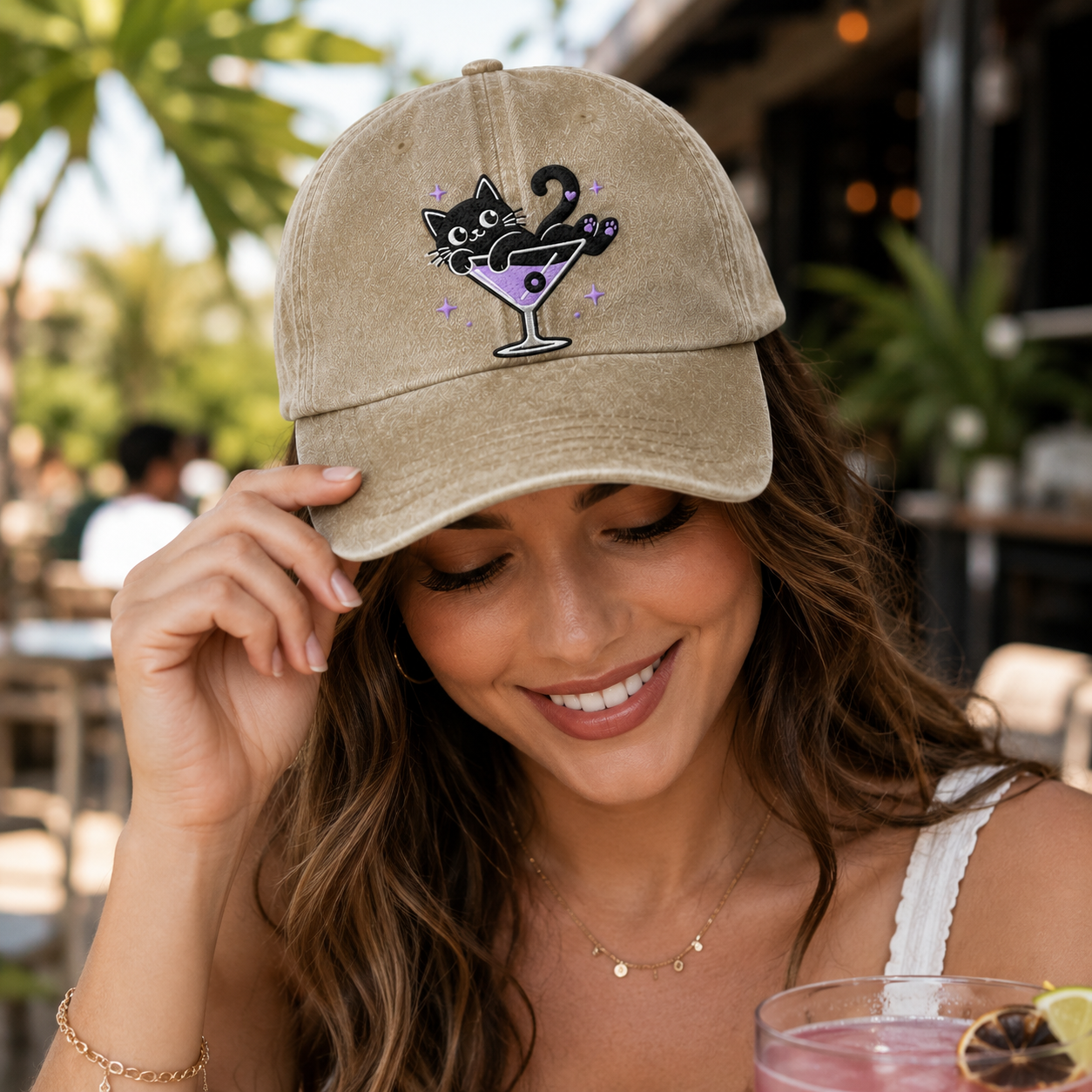 Cat Cocktail Embroidered Washed Cap - Washed Cap - side view