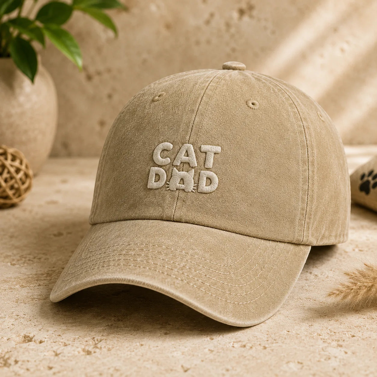 Cat Dad Embroidered Washed Cap - washed cap - side view